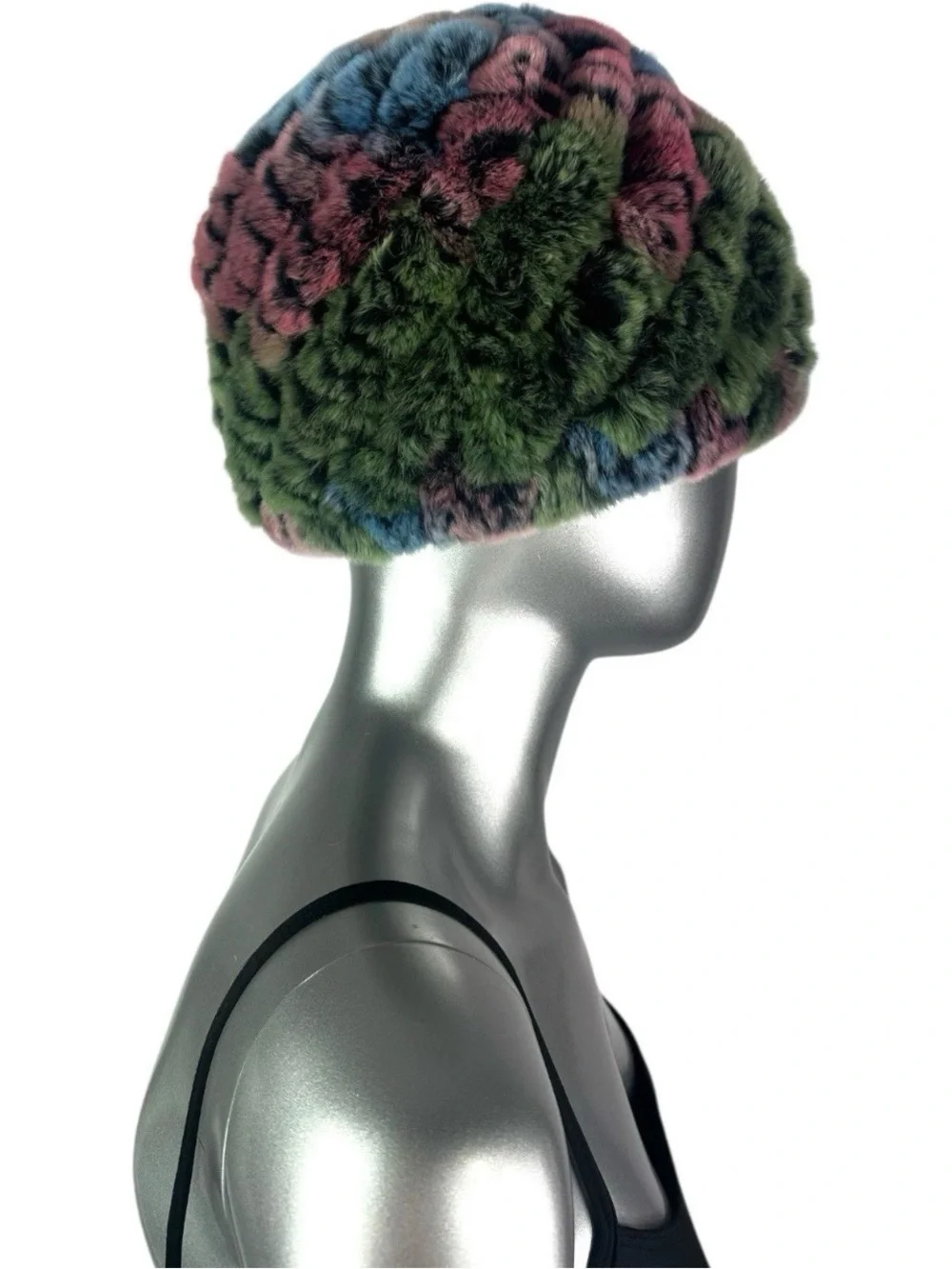 Blue Green Knitted REX RABBIT Hat, 21”-24” w/Stretch, Certified Vintage Fur